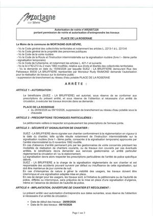 Ar26st228 Av Portant Permission De Vorie Et Autorisaation D'entreprendre Les Travaux Place De La Roseraie Du28 09 Au 09 10 2026