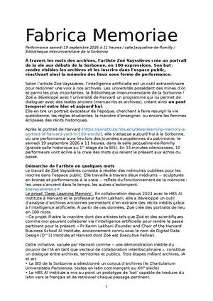 Fabrica Memoriae, performance JEP 2026 : livret long