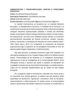 ADMINISTRACIÓN Y TRANSCOMPLEJIDAD: APORTES E INTERCAMBIO DIALÉCTICOAdministración Y Transcomplejidad