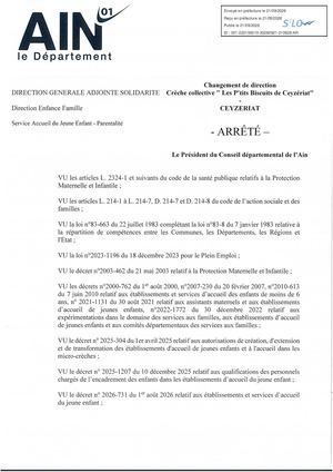 Arrêté De Changeent De Direction Crèche Collective Les P'tits Biscuits De Ceyzériat