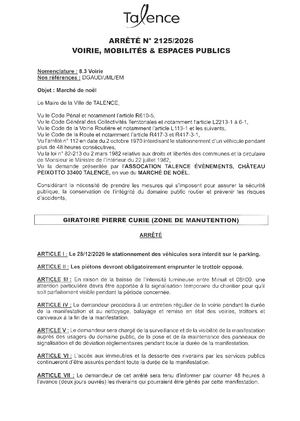 ARRETE 2125 2026 MARCHE DE NOEL GIRATOIRE PIERRE CURIE LE 28 12 2026 - Publié Le 21 09 2026