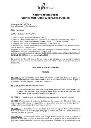 ARRETE 2136 2026 - LIVRAISON - 18 AVENUE SAINTE MARIE LE 22 09 2026 - Publié Le 21 09 2026