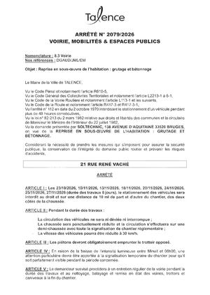 ARRETE 2079 2026 - REPRISE EN SOUS OUEVRE DE L'HABITATION- GRUTAGE ET BETONNAGE - 21 RUE RENE VACHE NOVEMBRE 2026 - Publié Le 21 09 2026