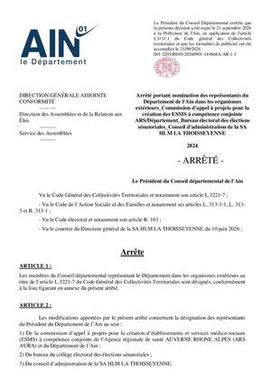 Arrêté Portant Nomination Des Représentants Du Département De L'Ain Dans Les Organismes Extérieurs 21 09 26
