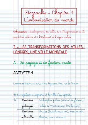 Géo - Chapitre 1 - L'urbanisation du monde