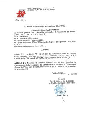 26 AT 1469 - Arrêté D'abrogation Du Stationnement, Square Friant Les Quatres Chênes à Amiens, 26 AT 1412, Publié Le 21 09 2026