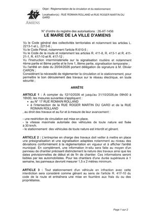 26 AT 1456 - Arrêté De Réglementation De La Circulation Et Du Stationnement, Rue Romain Rolland Et Autre à Amiens, Du 12 10 Au 31 11 2026, Publié Le 21 09 2026