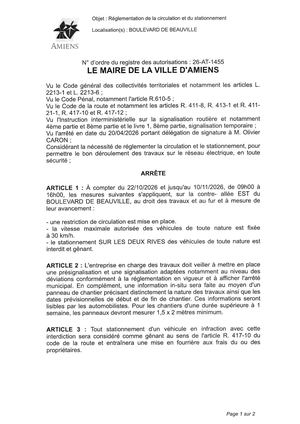 26 AT 1455 - Arrêté De Réglementation De La Circulation Et Du Stationnement, Boulevard De Beauville à Amiens, Du 22 10 Au 10 11 2026, Publié Le 21 09 2026