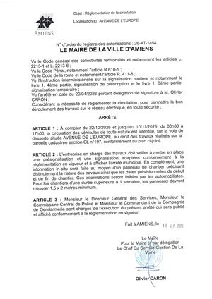 26 AT 1454 - Arrêté De Réglementation De La Circulation, Avenue De L'Europe à Amiens, Du 22 10 Au 10 11 2026, Publié Le 21 09 2026