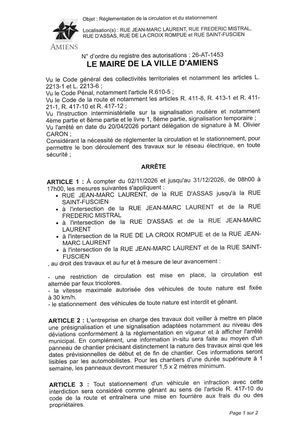 26 AT 1453 - Arrêté De Réglementation De La Circulation Et Du Stationnement, Rue Saint Fuscien Et Autres à Amiens, Du 02 11 Au 31 12 2026, Publié Le 21 09 2026