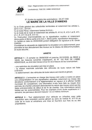 26 AT 1457 - Arrêté De Réglementation De La Circulation Et Du Stationnement, Rue De L'Abbe Henocque à Amiens, Du 28 09 Au 20 10 2026, Publié Le 21 09 2026