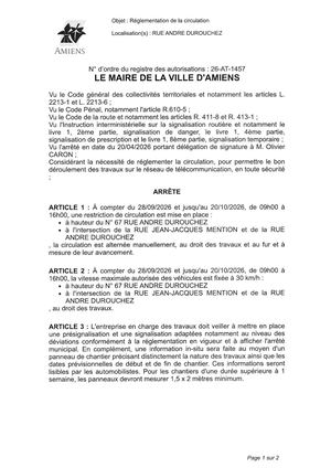 26 AT 1457 - Arrêté De Réglementation De La Circulation, Rue Andre Durouchez à Amiens, Du 28 09 Au 20 10 2026, Publié Le 21 09 2026