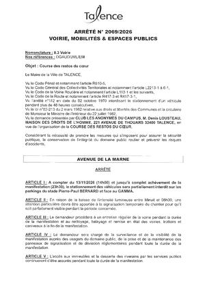 ARRETE 2069 2026 - COURSES DES RESTOS DU COEUR - AVENUE DE LA MARNE LE 13 11 2026 - Publié Le 21 09 2026