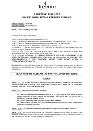 ARRETE 1992 2026- TERRASSEMENT PHASE 1 - RUE RABELAIS DU 28 09 AU 02 10 2026 - Publié Le 21 09 2026