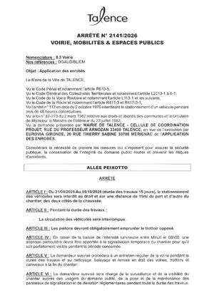 ARRETE 2141 2026- APPLICATION DES ENROBES ALLEE PEIXOTTO DU 21 09 AU 05 10 2026 - Publié Le 21 09 2026