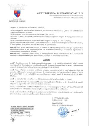 Arrêté 206 26 21 Portant Interdiction Permanente De Stationnement Des Résidences Mobiles Et Véhicules Assimilés