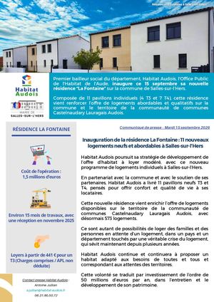 Communiqué Habitat Audois Inauguration Résidence La Fontaine Salles Sur l'Hers