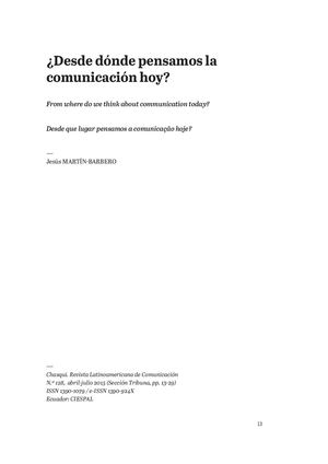 Desde Dónde Pensamos La Comunicación Hoy J Martin Barbero