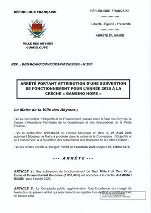 Les Abymes Arrêté N°260 - Crèche BAMBINO HOME Suite CL
