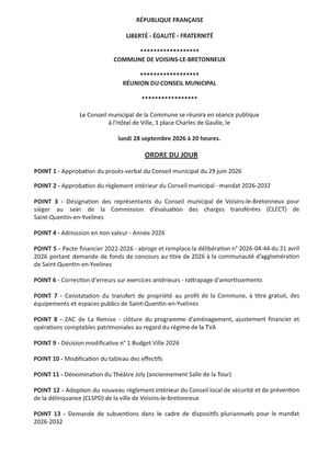 Ordre du Jour du Conseil municipal du 28 09 2026