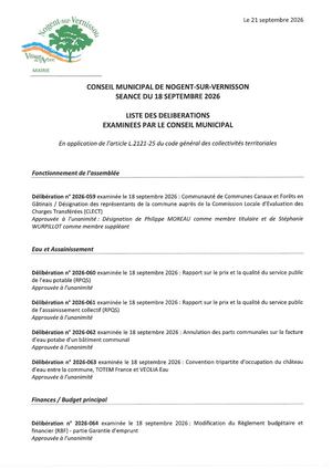Liste des délibérations du 18.09.2026