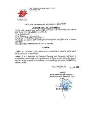 26 AP 0161 - Arrêté D'abrogation De Réglementation Du Stationnement, Rue Vast Luce, 17 AP 044. Publié Le 22 09 2026