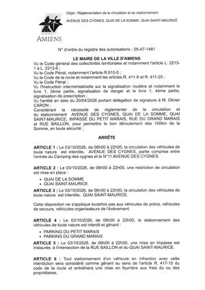 26 AT 1481 - Arrêté De Réglementation De La Circulation Et Du Stationnement, Avenue Des Cygnes Et Autres à Amiens, Le 03 10 2026, Publié Le 22 09 2026