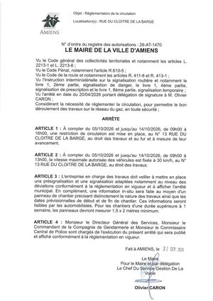 26 AT 1470 - Arrêté De Réglementation De La Circulation, Rue Du Cloitre De La Barge à Amiens, Du 05 10 Au 14 10 2026, Publié Le 22 09 2026