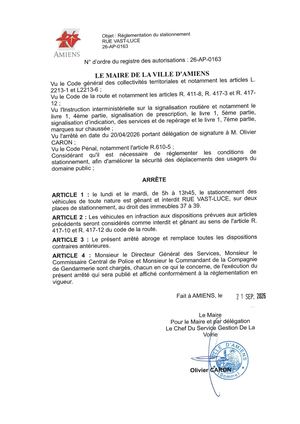 26 AP 0163 - Arrêté De Réglementation Du Stationnement,rue Vast Luce. Publié Le 22 09 2026