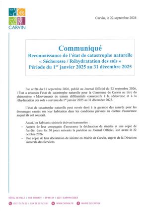 Communiqué Reconnaissance état de catastrophe naturelle Sécheresse 2025