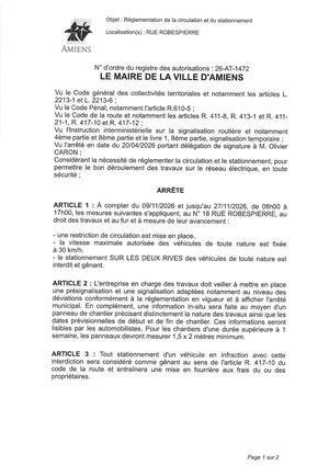 26 AT 1472 - Arrêté De Réglementation De La Circulation Et Du Stationnement, Rue Robespierre à Amiens, Du 09 Au 27 11 2026, Publié Le 22 09 2026