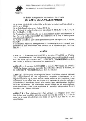 26 AT 1471 - Arrêté De Réglementation De La Circulation Et Du Stationnement, Rue Sire Firmin Leroux à Amiens, Du 05 Au 15 10 2026, Publié Le 22 09 2026