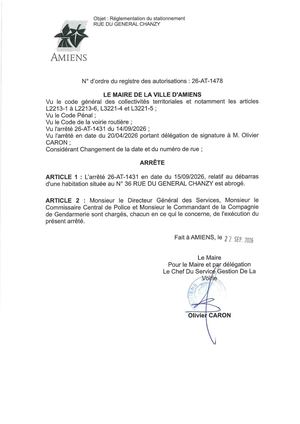 26 AT 1478 - Arrêté D'abrogation De Réglementation Du Stationnement, Rue Du Général Chanzy à Amiens, 26 AT 1478, Publié Le 22 09 2026