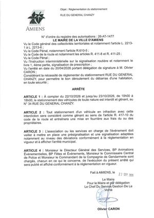 26 AT 1477 - Arrêté De Réglementation Du Stationnement, Rue Du Général Chanzy à Amiens, Du 22 Au 23 10 2026, Publié Le 22 09 2026