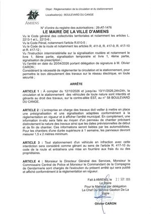 26 AT 1476 - Arrêté De Réglementation De La Circulation Et Du Stationnement, Boulevard Du Cange à Amiens, Du 12 10 Au 10 11 2026, Publié Le 22 09 2026