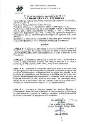 26 AT 1475 - Arrêté De Réglementation De La Circulation, Avenue Du General Foy à Amiens, Du 05 10 Au 19 10 2026, Publié Le 22 09 2026