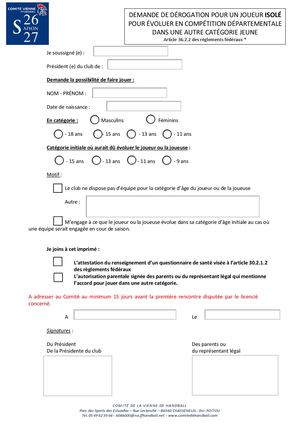 Demande De Dérogation Pour évoluer En Championnat JEUNEdans Une Autre Catégorie D'âge 26 27