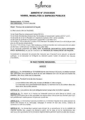 ARRETE 2143 2026 - TRAVAUX RAVALEMENT FACADE - 38 RUE PIERRE RENAUDEL DU 28 09 AU 12 10 2026 - Publié Le 22 09 2026