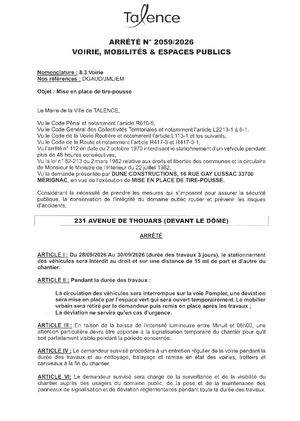 ARRETE 2059 2026 - MISE EN PLACE DE TIRE POUSSE - 231 AVENUE DE THOUARS DU 28 AU 30 09 2026 - Publié Le 22 09 2026