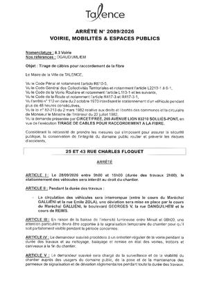 ARRETE 2089 2026 - TIRAGES DE CABLES POUR RACCORDEMENT FIBRE 25 ET 43 RUE CHARLES FLOQUET LE 28 09 2026 - Publié Le 22 09 2026