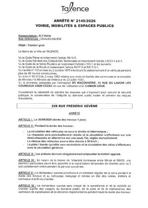 ARRETE 2145 2026 - CAMION GRUE 228 RUE FREDERIC SEVENE LE 30 09 2026 - Publié Le 22 09 2026