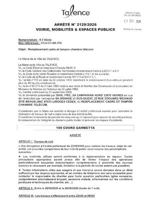 Arrete 2129 2026 Travaux De Nuit Remplacement Cadre Et Tampon Chambre Telecom 100 Cours Gambetta Les 28 Et 29 09 2026 Publié Le 22 09 2026