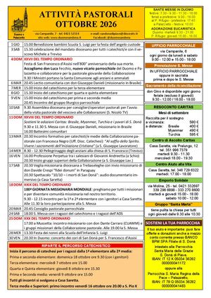 Calendario delle attività pastorali di ottobre 2026
